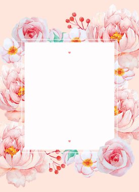 Hafif şeftali arkaplanda pembe çiçekler, güller ve kırmızı böğürtlenler içeren suluboya şakayık çiçekli çerçeve veya arka plan düğün kartı için beyaz dikdörtgen fotokopi alanı