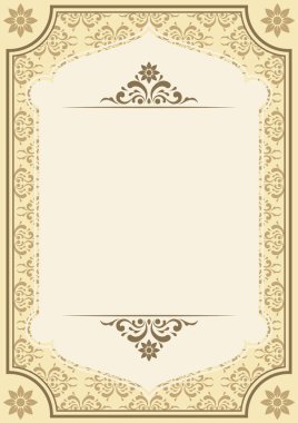 Altın sertifikalı çerçeve ya da sınırda, diploma ya da ödül daveti için bej arka planda zarif girdaplı lüks damaske desenleri ve çiçek motifleri yer alıyor.