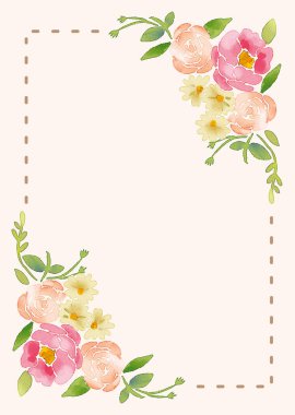 El boyası suluboya çiçek kenarı veya çerçevesi pembe güller ve sarı papatyalar ve şeftali arkaplan üzerinde yeşil yapraklar ile çizilmiş çizgi fotokopi kartı için boşluk
