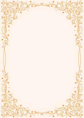 Turuncu çizgili sanat çiçekli kenar ya da çerçeveli sarmaşık sarmaşıkları ve yumuşak şeftali arka planda narin yaprak desenleri ile düğün ya da tebrik kartı için oval kopya alanı