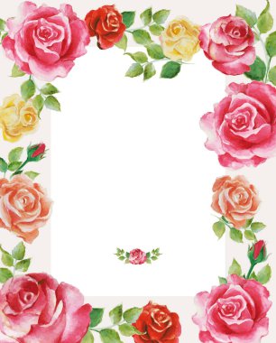 Canlı suluboya gül çerçevesi ya da kırmızı ve sarı çiçekli kenar ya da çiçek ve yeşil yapraklar düğün davetiyesi ya da romantik kart için arka planda