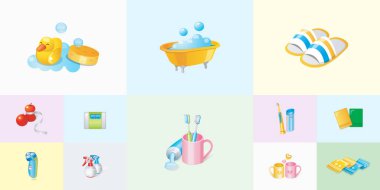 Banyo aksesuarları koleksiyonu ve plastik ördek sarısı küvet terlikleri diş fırçası sabun ve pullu kişisel bakım ikonları.