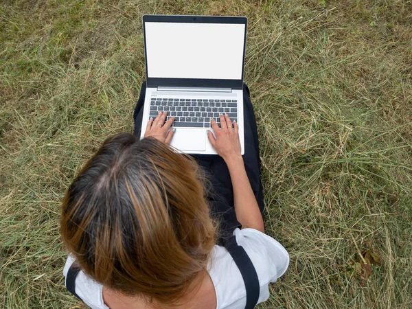 Girl Village Sits Laptop Background Haystacks Remote Work Mockup Top — Stock Photo, Image