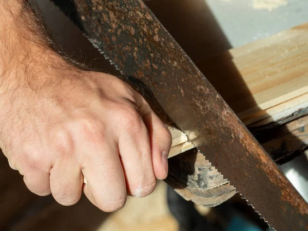 Man Sawing Board Hand Saw Woodworking Concept Close Stock Image