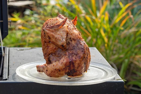 Primer Plano Pollo Jugoso Brillante Especias Cocinadas Parrilla Completamente Acostado — Foto de Stock