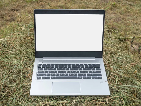 Otwarty Srebrny Laptop Leży Stogu Siana Zbliżenie Nowoczesne Technologie Obszarach — Zdjęcie stockowe