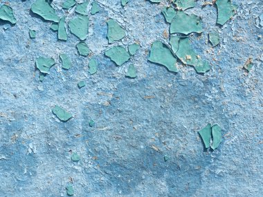 Eski yıpranmış kabuk boyası duvarda mavidir. Yakın plan, arkaplan, doku