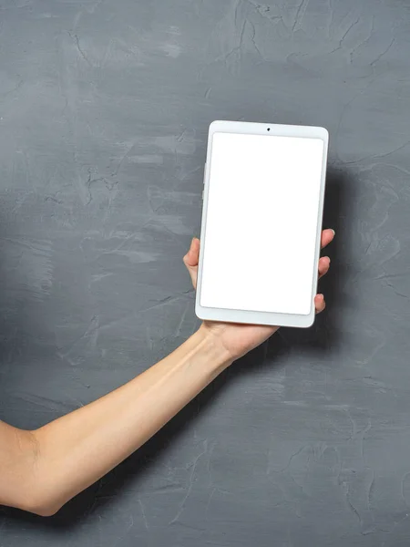 Woman Hand Holds White Tablet Gray Textured Background Place Insert — Stock Photo, Image