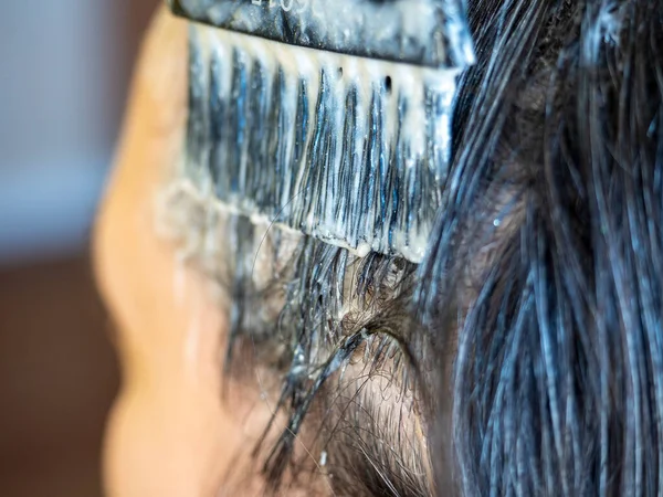 Kadınların Saçlarına Bir Fırçayla Boya Sürerken Saç Boyama Seçici Odak — Stok fotoğraf