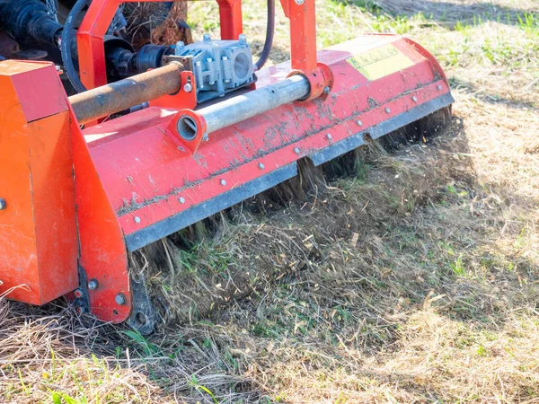 close-up of a tractor with a chain mower chopping dry grass. Maintenance of the territory, mulching of grass, agricultural machinery.