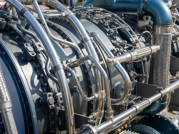 Close-up of the new engine for the ship. Mechanism with a bunch of pipes and parts