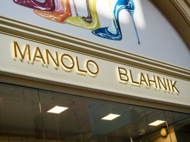 10.04.2021 Russia, Moscow. The sign of the MANOLO BLAHNIK boutique. A well-known shoe manufacturing store