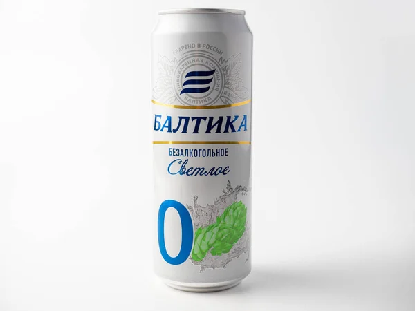 01.05.2021 Russia, Moscow. Aluminum can with non-alcoholic beer Baltika zero. Russian beer, cold beer. Packaging suitable for recycling