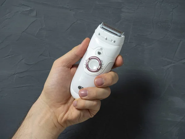 Electric Epilator White Color Man Hand Gray Textured Background Means — Stock Photo, Image