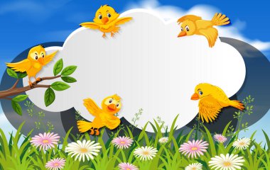 Doğada mutlu kuş arka planda boş afiş illüstrasyonu