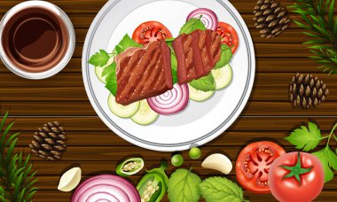 Biftek, arka planda biraz sebze gösterimiyle yakın planda.