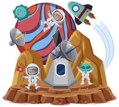 Astronotların bayrakları, uyduları ve beyaz arkaplanda izole edilmiş uzaylılarla dolu uzay teması