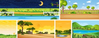 Gündüz ve gece illüstrasyonunda dikey ve ufuk sahnelerinde farklı doğa sahneleri.