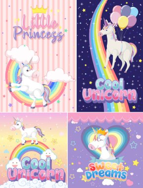 Pastel arkaplan renk illüstrasyonunda şirin tek boynuzlu at afişi