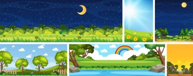 Gündüz ve gece illüstrasyonunda dikey ve ufuk sahnelerinde farklı doğa sahneleri.