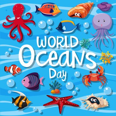Dünya Okyanusları Günü logosu ya da farklı deniz hayvanlarının resmedildiği pankart