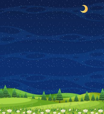 Dikey doğa manzarası ya da orman manzaralı kırsal alan ve geceleri boş gökyüzü.