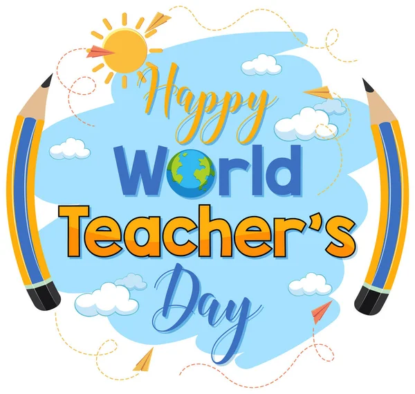 Selamat Hari Guru Sedunia Teks Dengan Ilustrasi Pensil - Stok Vektor
