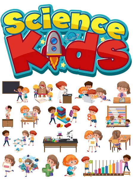 Science Kids Logo Set Van Kinderen Met Onderwijs Objecten Geïsoleerde — Stockvector