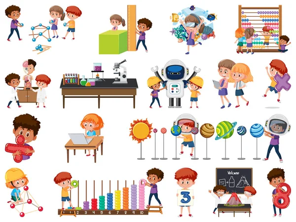 Conjunto Niños Con Objetos Educativos Ilustración Aislada — Vector de stock