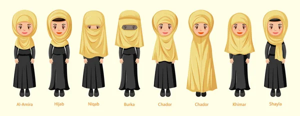 卡通人物插图中女性的伊斯兰传统面纱类型 — 图库矢量图片