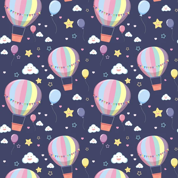 Bezešvý Horkovzdušný Balón Mrakem Hvězdným Vzorem Tmavomodrém Pozadí Ilustrace — Stockový vektor