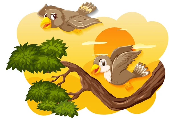 Pájaro Naturaleza Puesta Del Sol Escena Ilustración — Vector de stock