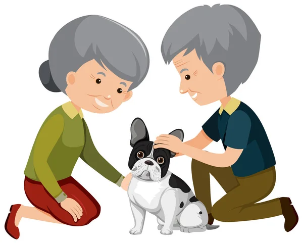 Vieux Couple Jouant Avec Chien Mignon Sur Fond Blanc Illustration — Image vectorielle