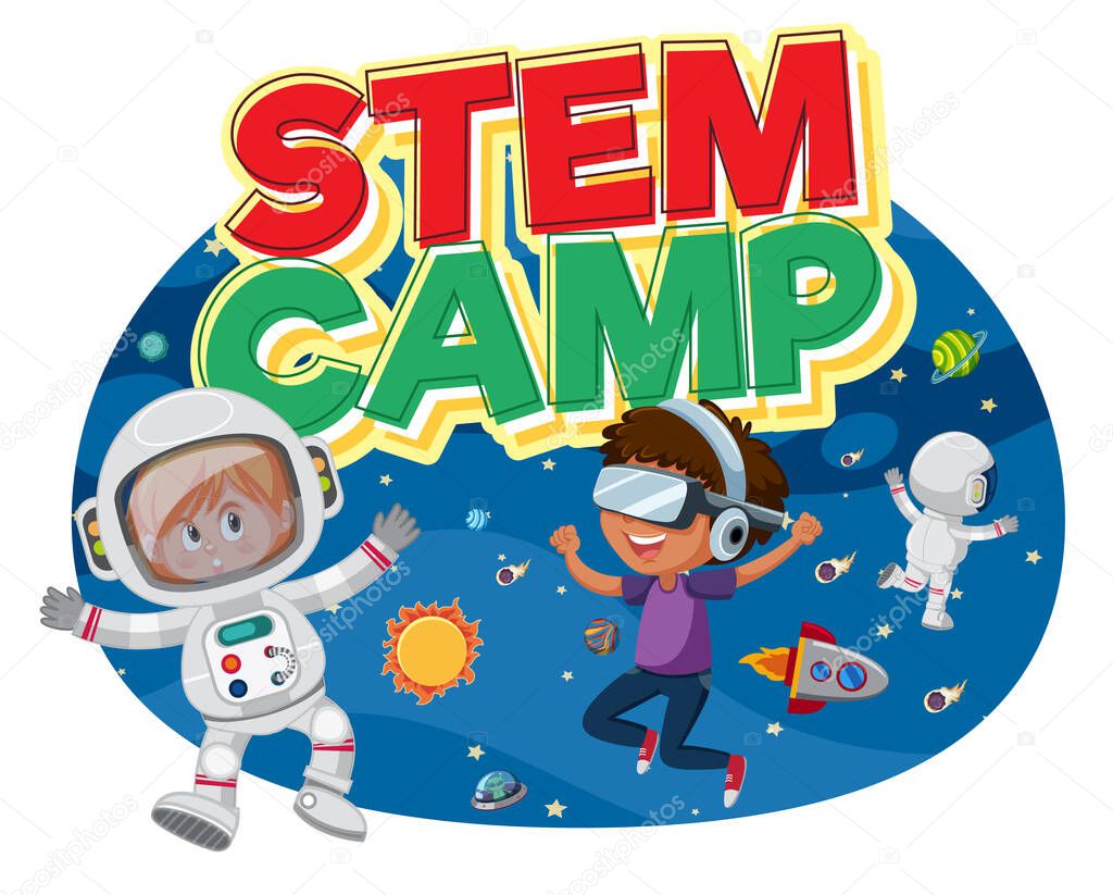 Stem camp logo with kids wearing astronaut in space costume isolated illustration