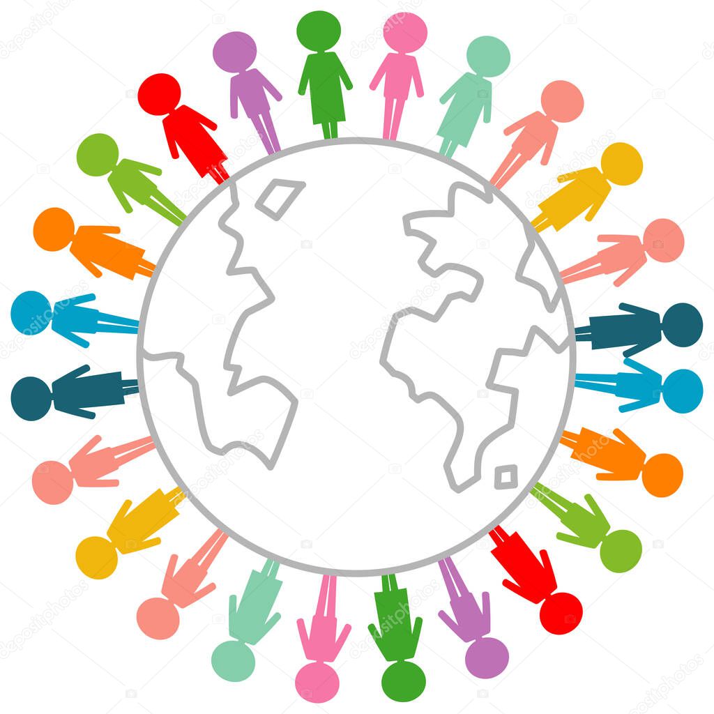 People symbols in different color with globe isolated on white background illustration