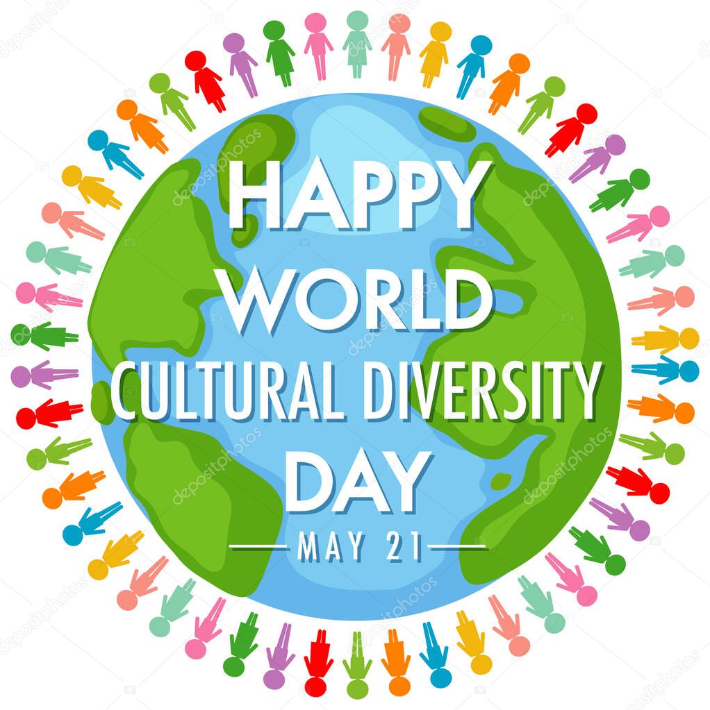 Happy World Cultural Diversity Day logo or banner on the globe with different color people signs illustration
