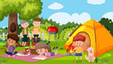 Bahçedeki resimde mutlu bir ailenin olduğu piknik sahnesi