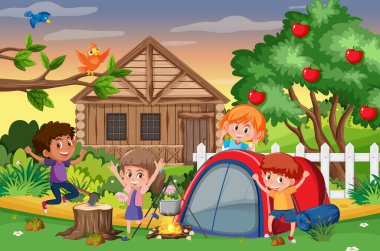 Bahçedeki resimde mutlu bir ailenin olduğu piknik sahnesi