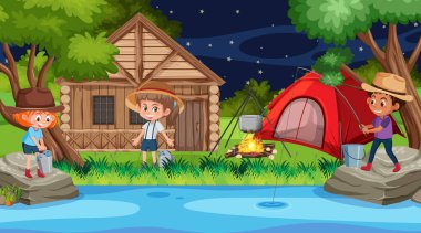 Orman illüstrasyonunda mutlu bir aileyle piknik sahnesi