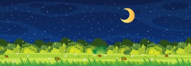 Horizon doğa manzarası ya da orman manzaralı kırsal alan ve gece illüstrasyonunda gökyüzünde ay.