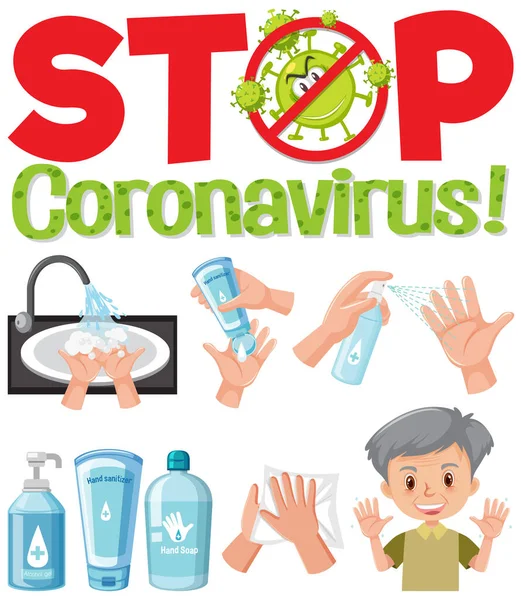 Stoppa Coronavirus Logotyp Med Handen Med Hjälp Rengöringsmedel Produkter Illustration — Stock vektor