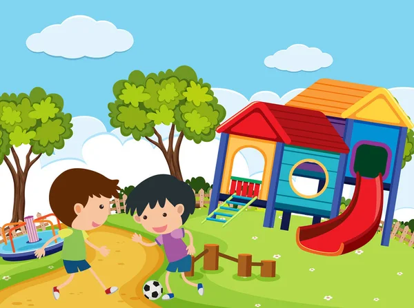 Park illüstrasyonunda futbol oynayan oğlanların olduğu sahne