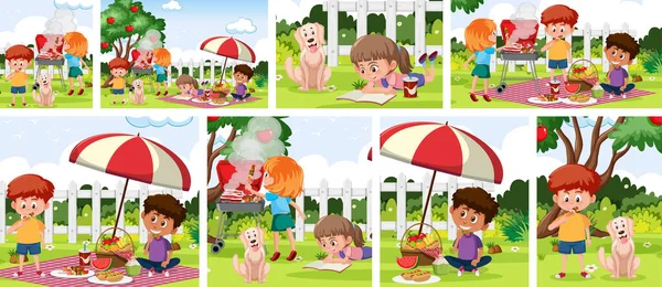 Kinder Mit Outdoor Hintergrund Setzen Illustration — Stockvektor