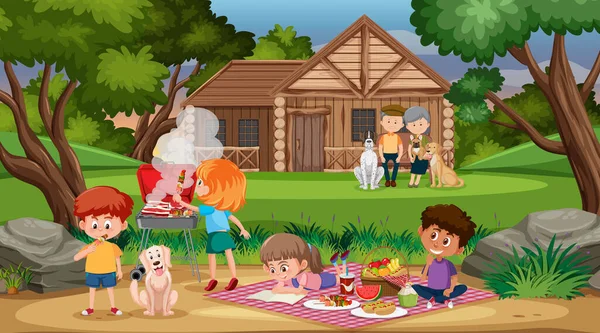 Picknick Scene Met Gelukkig Gezin Tuin Illustratie — Stockvector