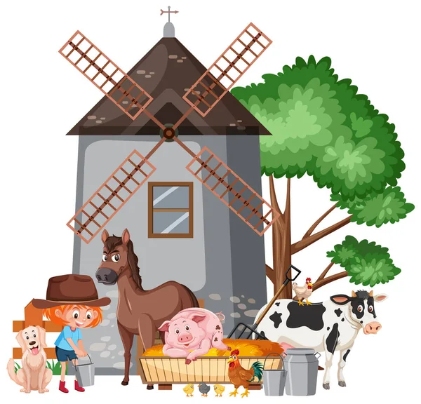 Scena Farmerką Karmiącą Wiele Zwierząt Ilustracji Gospodarstwa — Wektor stockowy