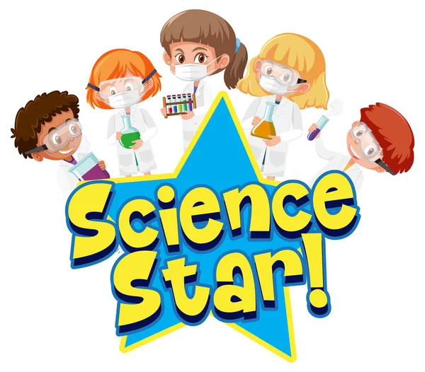 白い背景イラストに孤立した実験的な科学オブジェクトを保持している子供とサイエンススター — ストックベクタ