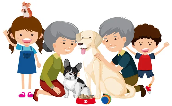 Miembros Familia Con Perro Mascota Sobre Fondo Blanco Ilustración — Vector de stock