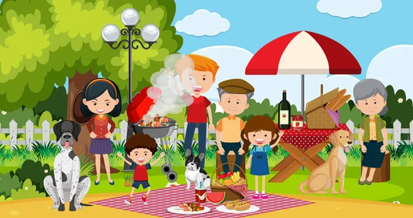 Picknick Szene Mit Glücklicher Familie Garten Illustration — Stockvektor