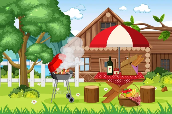 Picknick Scene Met Eten Tafel Bbq Grill Tuin Illustratie — Stockvector