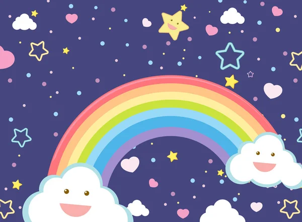 Blanco Regenboog Met Smiley Sterren Donkerblauwe Lucht Achtergrond Illustratie — Stockvector